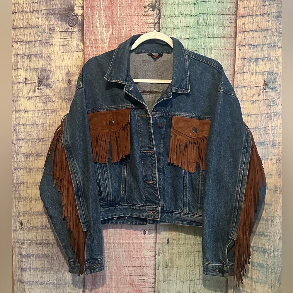 Womens Jean Denim Suede Fringe Western Cowgirl Rodeo Jacket Large Rock n Roll - Picture 4 of 16
